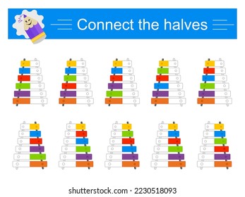 Logıc puzzle. Educational material for kids. Fınd the halves of xylophones. Vector illustration.