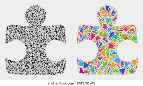 Puzzle element mosaic icon of triangle elements which have various sizes and shapes and colors. Geometric abstract vector design concept of puzzle element.