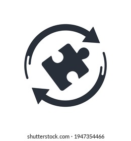 Puzzle element and rotation arrows. Replacement of a business component. Vector icon isolated on white background.