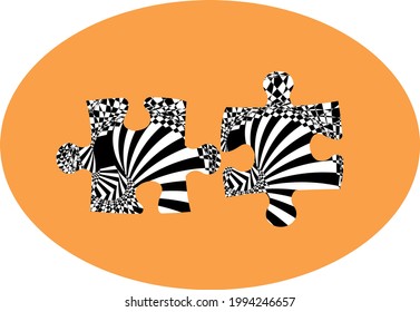puzzle elements in op art style on orange background