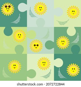 Puzzle emoji. A funny character with emotions on face. A puzzle game with flowers and a smile. Happy, sad and surprised hipsters for baby design. Abstract green background with cute characters. Vector