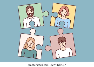 Puzzle employees for team formation and personnel selection by employees recruiting agency or HR business. Recruiting puzzle metaphor for finding people with skills for vacancy in company or startup