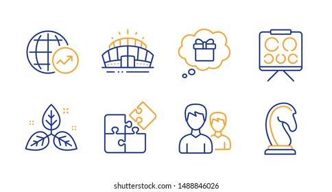 Puzzle, Fair Trade And Arena Stadium Line Icons Set. Vision Board, Couple And World Statistics Signs. Gift Dream, Marketing Strategy Symbols. Engineering Strategy, Leaf. Business Set. Vector