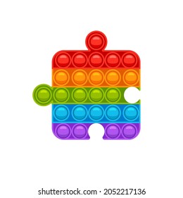 Puzzle fidget pop it. Trendy anti-stress game for kids and adults. Hand toy with push bubbles in rainbow colors. Vector illustration isolated on white background