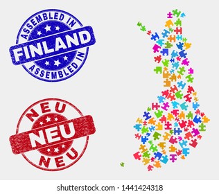 Puzzle Finland map and blue Assembled seal stamp, and Neu grunge seal stamp. Colorful vector Finland map mosaic of plugin items. Red rounded Neu stamp.