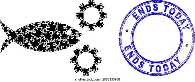 Puzzle fish processing gears mosaic icon with Ends Today badge. Blue vector round textured seal stamp with Ends Today phrase.