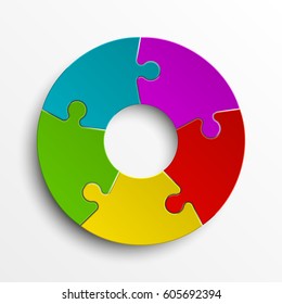 Puzzle five color piece business presentation. Circle infograph. 5 Step round process diagram. Section compare banner.