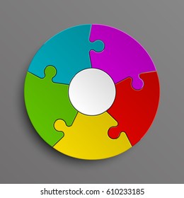 Puzzle five color piece business presentation. Circle infograph. 5 Step round process diagram. Section compare banner.