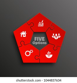 Puzzle five piece business presentation pictogram. Circle infograph. 5 Step puzzle round process diagram. Section compare banner. Simple 5 piece puzzle wallpaper template. Vector banner presentation