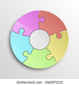 Puzzle five piece business presentation pictogram. Circle infograph. 5 Step puzzle round process diagram. Section compare banner. Simple 5 piece puzzle wallpaper template. Vector banner presentation
