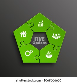 Puzzle five piece business presentation pictogram. Circle infograph. 5 Step puzzle round process diagram. Section compare banner. Simple 5 piece puzzle wallpaper template. Vector banner presentation