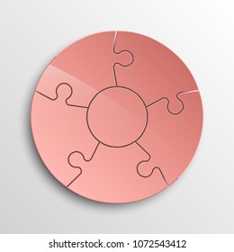 Puzzle five piece business presentation pictogram. Circle infograph. 5 Step puzzle round process diagram. Section compare banner. Simple 5 piece puzzle wallpaper template. Vector banner presentation