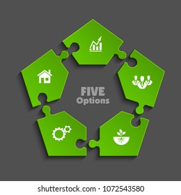 Puzzle five piece business presentation pictogram. Circle infograph. 5 Step puzzle round process diagram. Section compare banner. Simple 5 piece puzzle wallpaper template. Vector banner presentation