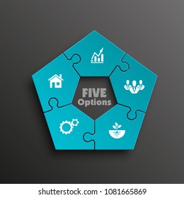 Puzzle five piece business presentation pictogram. Circle infograph. 5 Step puzzle round process diagram. Section compare banner. Simple 5 piece puzzle wallpaper template. Vector banner presentation