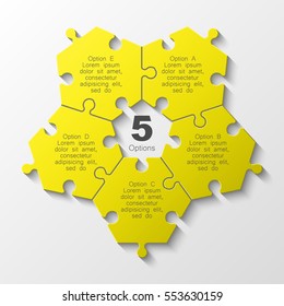 Puzzle five piece business presentation. Circle infograph. 5 Step round process diagram. Section compare banner.