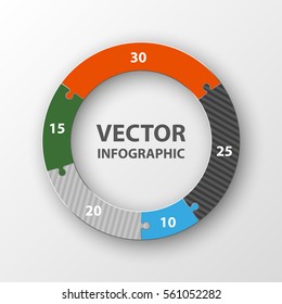 Puzzle five piece business presentation. Circle infograph. 5 Step round process diagram. Section compare banner.