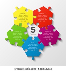 Puzzle five piece business presentation. Circle infograph. 5 Step round process diagram. Section compare banner.