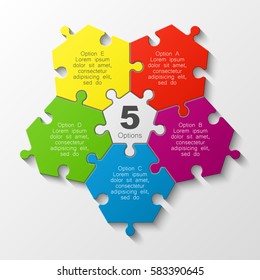 Puzzle five piece business presentation. Circle infograph. 5 Step round process diagram. Section compare banner.