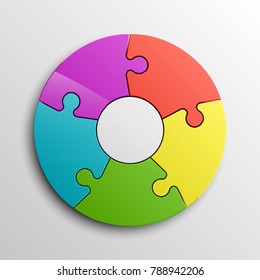 Puzzle five piece business presentation. Circle puzzles infograph. Section compare banner background. 5 puzzle step round process diagram. Vector infographic banner