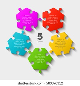 Puzzle five scattered piece business presentation. Circle disassembled infograph. 5 Step demounted round process diagram. Section compare banner.