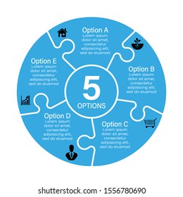 Puzzle flat five color piece business presentation. Circle vector infograph. 5 Step round process diagram. Section compare banner.