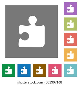 Puzzle flat icon set on color square background.