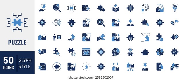 Puzzle flat icons set. Conatining jigsaw, solution, solve, piece, idea, team and more. Vector illustration