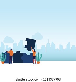 Puzzle flat vector concept couple hold piece of puzzle and set it. Illustration For Wallpaper, Banner, Background, Infographic, Book Illustration, And Web Landing Page.