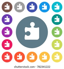Puzzle flat white icons on round color backgrounds. 17 background color variations are included.