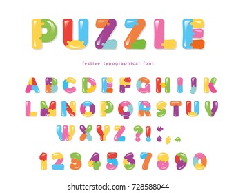 Puzzle Font. ABC Colorful Creative Letters And Numbers.