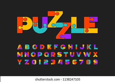 Puzzle font, colorful jigsaw puzzle alphabet letters and numbers, vector illustration