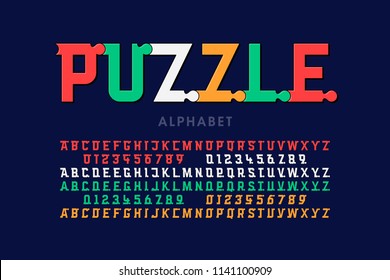 Puzzle font, colorful jigsaw puzzle alphabet letters and numbers, vector illustration