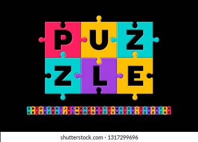 Puzzle font, colorful jigsaw puzzle alphabet letters and numbers, vector illustration