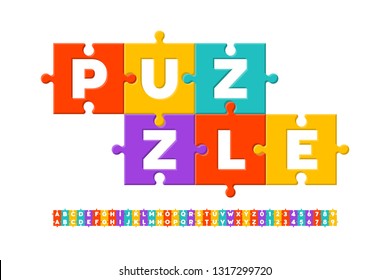 Puzzle font, colorful jigsaw puzzle alphabet letters and numbers, vector illustration