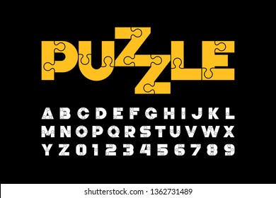 Puzzle font design, jigsaw puzzle alphabet and numbers, vector illustration