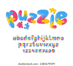 Puzzle Font. Funny Playful Bright Typographic Design Alphabet. Kids Funny Mosaic Typography.