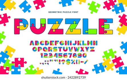 Puzzle-Schrift, Quiz-Spielart oder Puzzletyp und Farbe Englisch-Alphabet, Vektor-ABC-Buchstaben. Kinderspielzeug-Rätsel-Typografie von Puzzleteilen, kreative Kunst und Schulbildung bunte Mosaikschriftart