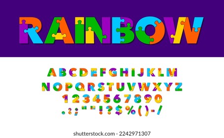 Puzzle-Schriftart, Jigsaw-Schrift oder kreative Alphabet-Buchstaben, Vektortypografie. Rainbow-Colour-Puzzle-Schriftart für Unterricht oder Spielzeug-Spielejigsaw ABC-Schrift mit Zahlen und Buchstaben in buntem Mosaik