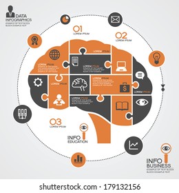 Puzzle In The Form Of Abstract Human Brain Surrounded Infographic Business. Business Concept With Icons And Text