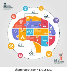 Puzzle In The Form Of Abstract Human Brain Surrounded Infographic Social Network. Social Network Concept With Icons And Text