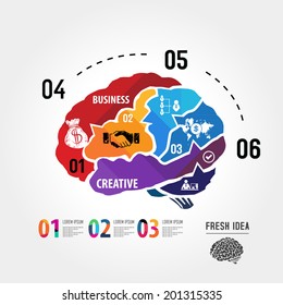 Puzzle in the form of abstract human brain surrounded infographic business. Business concept with icons and text 