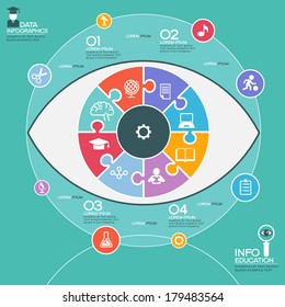 Puzzle in the form of an abstract human eye surrounded infographic education. Education concept with icons and text