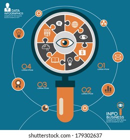 Puzzle in the form of an abstract magnifying glass surrounded infographic business. Business concept with icons and text