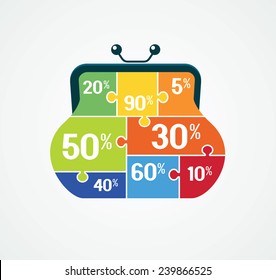 Puzzle in the form of a purse with interest discounts. Flat modern design