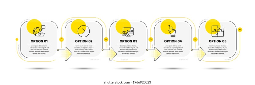 Puzzle, Forward and Touchscreen gesture line icons set. Timeline process flowchart. Candlestick chart sign. Engineering strategy, Next direction, Slide up. Report analysis. Technology set. Vector