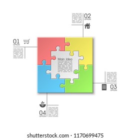 Puzzle four piece business presentation pictogram. Circle infograph. 4 Step puzzle round process diagram. Section compare banner. Simple 4 piece puzzle wallpaper template. Vector banner presentation