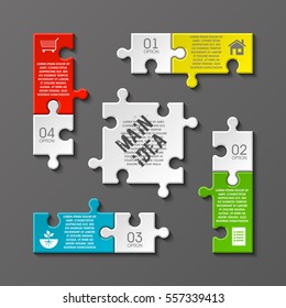 Puzzle four piece business presentation. Square infograph. Circle 4 Step process diagram card. Section compare service banner. Vector illustration template color shape . 3d Abstract Background