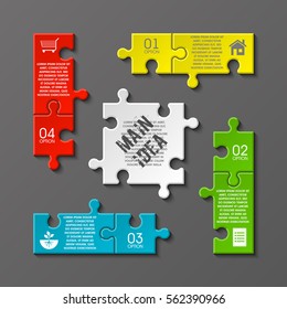 Puzzle four piece business presentation. Square infograph. Circle 4 Step process diagram card. Section compare service banner. Vector illustration template color shape . 3d Abstract Background