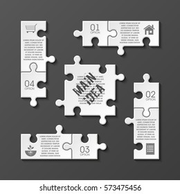 Puzzle four piece business presentation. Square infograph. Circle 4 Step process diagram card. Section compare service banner. Vector illustration template color shape . 3d Abstract Background