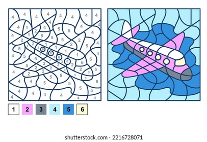 Avión de juego de rompecabezas, color por hoja de números para niños. Página de coloreado de vectores para números de aprendizaje